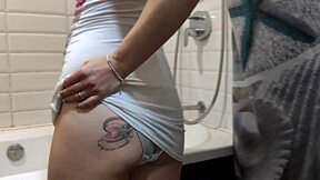 i spot cute milky tit mommy showering then fuck between her big natural tits pov