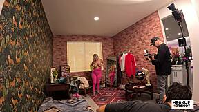 busty blonde tiffani madison rips kinky outfit in backstage casting striptease!