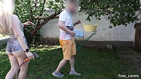 Girlfriend In Shorts Gets Sprayed Wild Doggystyle Garden Fuck!
