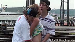 cum blasts alexis crystal face in public train station threesome sex!