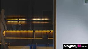 Skinny Teen's Massive Tits Bare In Sauna Striptease