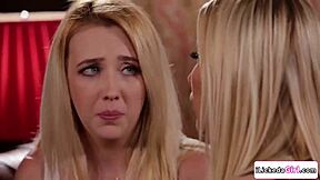 blonde milf licks lesbian babe's hairy pussy to squirt