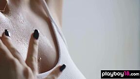 Skinny Teen's Massive Tits Bare In Sauna Striptease