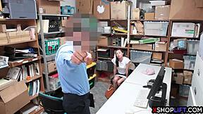 skinny teen caught shoplifting rides security's huge cock hard