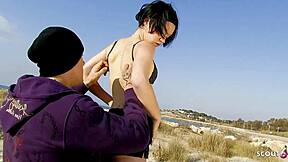 short hair skinny teen in stockings seduces muscled stud for beach creampie fuck