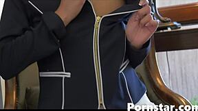 Sexy blonde Scarlet Red rips clothes spreads legs for solo pussy play