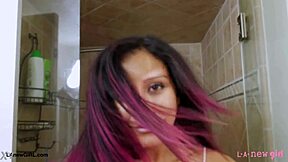 elegant brunette steps into steamy shower, soaping her curves slowly