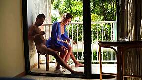 Janitor pounds busty babe on balcony, creampie blast!