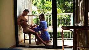 Janitor pounds busty babe on balcony, creampie blast!