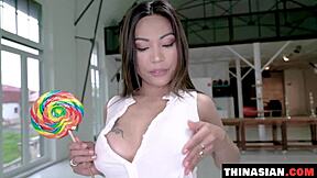 Thin asian teen sucks big cock soaking her tight pussy before rough fuck