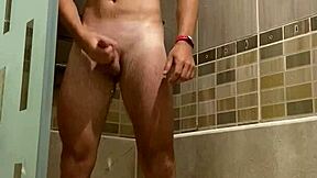 Shower Cam: Fit Teen Strokes Small Cock in Stockings