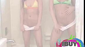 Hot babes flash white panties during steamy photoshoot