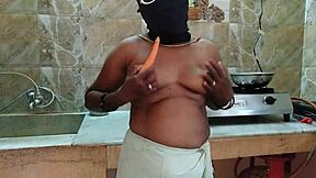 maid auntie fingers carrot in kitchen secretly