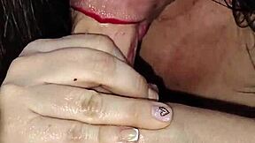 i'm a horny cuarentona milf rubbin my huge tits n suckin dildo hard