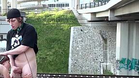 Threesome blows loads into hot blonde teen's mouth during public street sex