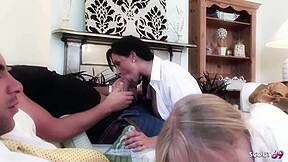 blonde and brunette lesbians caught licking, then seduce guys for wild ffmm foursome fuckfest.