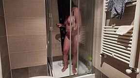 i love watching this big breasted milf shave her hairy pussy in the shower