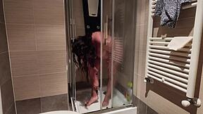 i love watching this big breasted milf shave her hairy pussy in the shower