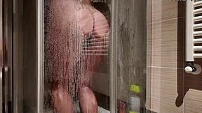 i love watching this big breasted milf shave her hairy pussy in the shower