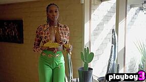 Ebony teen Nyla strips clothes rips perfect big tits body exposed