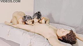 Busty stepmom and teen babe's wild threesome squirting session