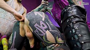 inked boy gets double pegged hard by goth dommes in heels