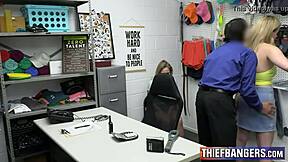 busty blonde teen thief bends over for security officer's big cock threeway pussy lick