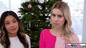 TEEN STEPSIS and her BIG ASS latina bestie take turns FUCKING stepbro's cock on christmas morning