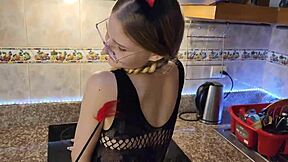 russian petite teen deepthroats monster cock in kitchen before creampie hot hole fuck