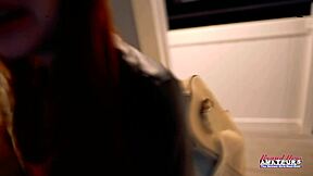 cute petite ginger dezi rae gags deep on dildo then fingers shaved pussy wet
