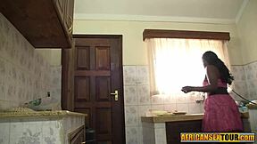Horny African teen cooks big white cock in kitchen