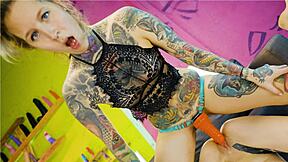 Tattooed goth straps on huge orange dildo to pound shy teen's tight pussy rough