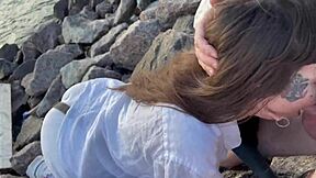 beach blowjob deepthroat ends with cumshot mouthful in my mouth part 1??
