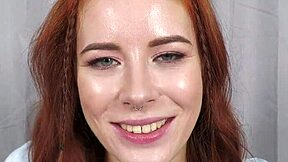 Petite redhead Luna Rishi gags on monster cock before cum in mouth finish