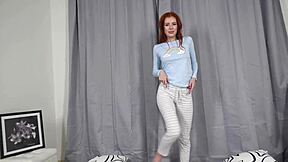 Petite redhead Luna Rishi gags on monster cock before cum in mouth finish