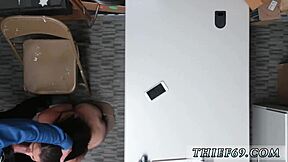 Petite teen suspect strips for police officer in office interrogation