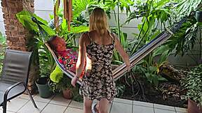 petite blonde girlfriend swings on hammock for public hawaii missionary fuck