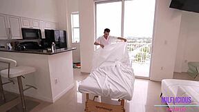 Oiled maid Miss Raquel massages into deepthroat doggy with monster cock