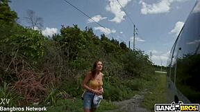 Young shaved pussy chick rides bus for creampie action.
