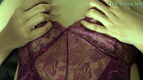 indo slut in purple satin lingerie spreads pussy and masturbates hard