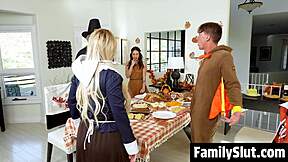 Stepdad eyes stepdaughter's bare pussy under desk before she sucks him off?