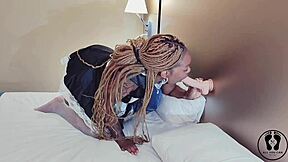 Ebony maid finds big dildo and pounds wet pussy