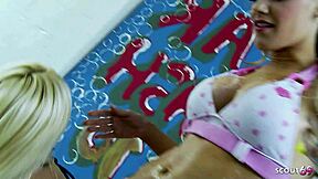 Black-haired brunette and blonde milf bitches dive into rough lesbian group sex and mutual orgasms at the car wash.