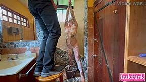 Sub Slut Bound In Bathroom Endures Punishing Foam Spray Torment