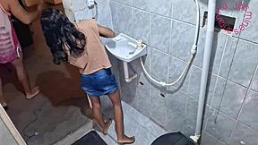 sneaky bathroom anal while her friend waits outside
