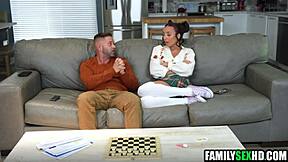stepdaughter chats on phone as stepdad pounds her doggy style