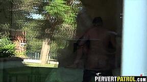 trashy tattoo slut gets spied fucking outdoors publicly
