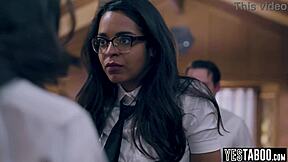 INNOCENT LATINA TEEN tricked into BIG COCK THREESOME with classmates POV.