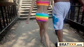 Tiny brunette rides massive cock post-beach pickup adventure