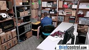 busty blonde shoplifter bends over desk for backroom riding punishment